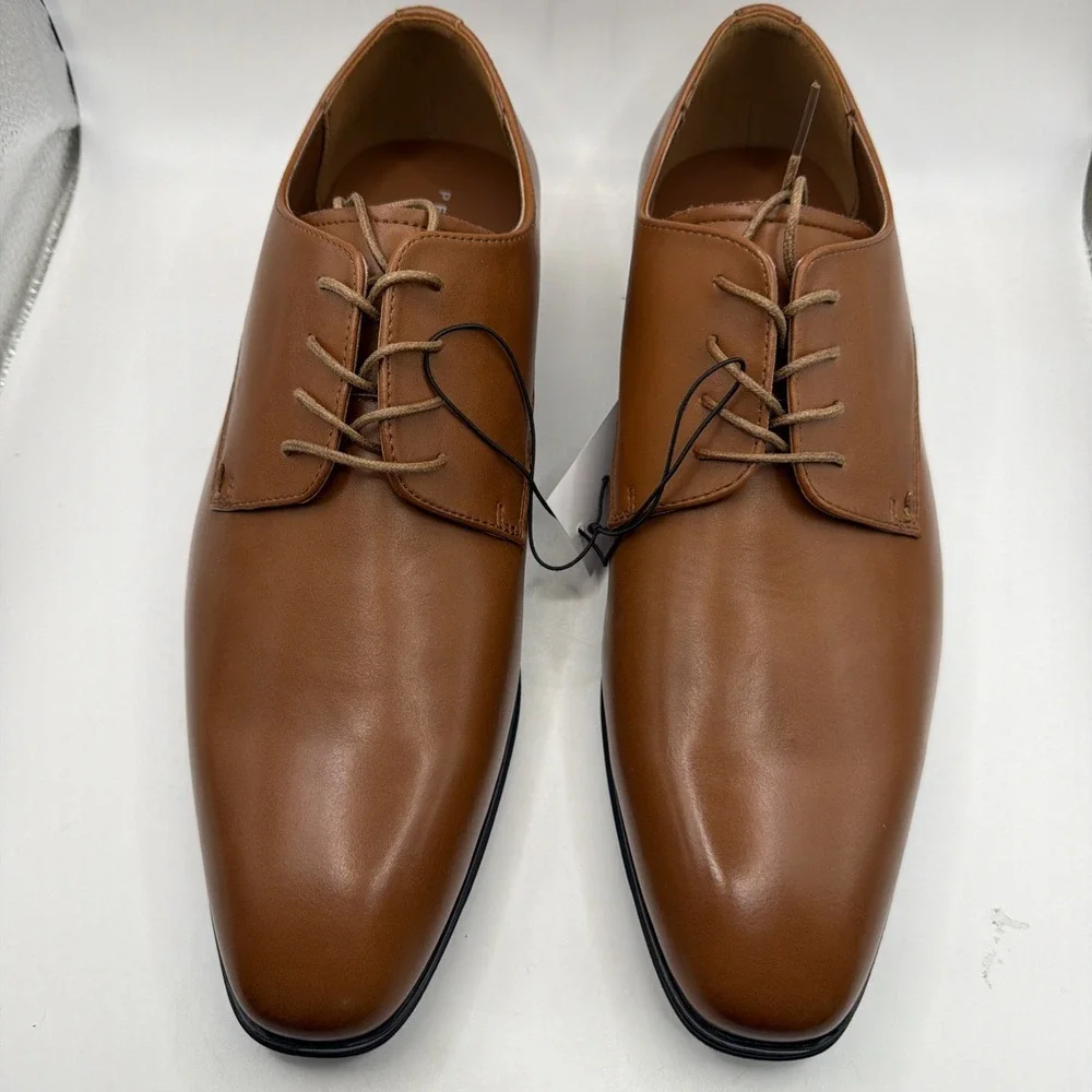 Perry Ellis Men's Faux Leather Derby Lace-Up Dress or Casual Shoe Brown Size 9.5